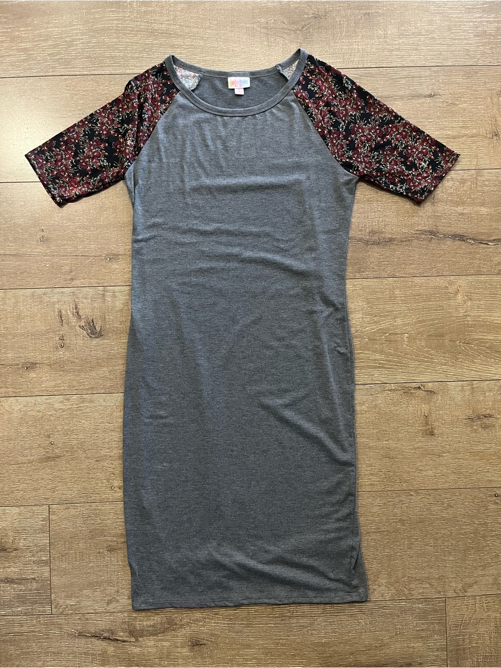 LuLaRoe Gray T-shirt Dress with Burgundy Floral Sleeves